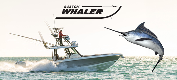 Boston Whaler Logo and boat with a marlin jumping out of water