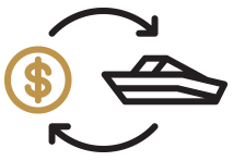 black and gold boat and money icon