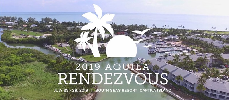 An aerial shot of Captiva Island on a sunny day, with a graphic detailing the 2019 Aquila Rendezvous