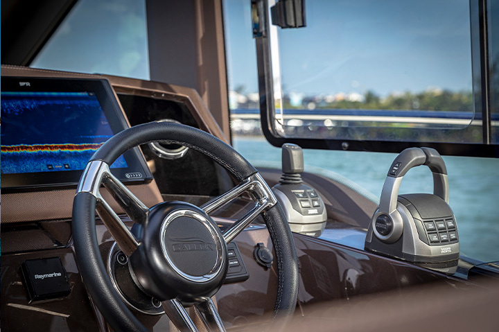 joy thruster at the helm of a galeon yacht