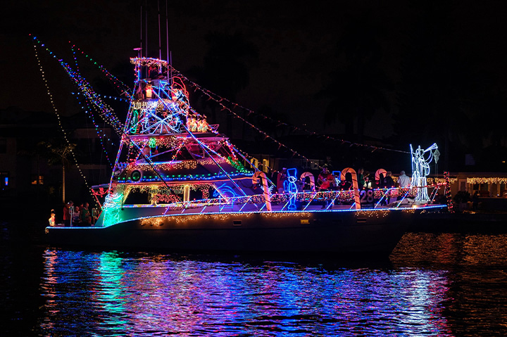boat with christmas lights on a lighted boat parade
