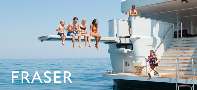 Image of family on yacht with Fraiser Yachts logo