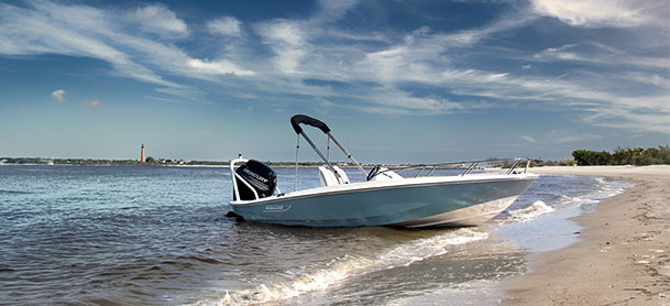 Boston Whaler 160 Super Sport on the edge of the shore