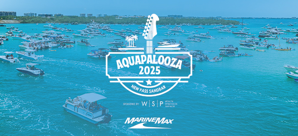 AquaPalooza 2025 logo seen with boats in the water as the backdrop, representing the annual aquatic music and fun event.