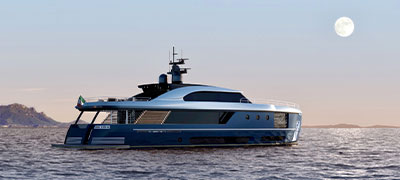 Azimut Magellano model on the water with moon and sunset