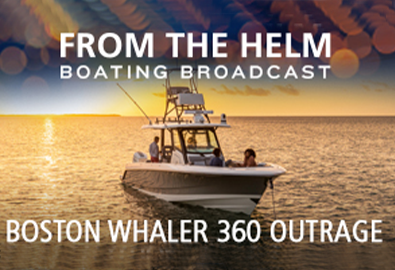 Boston Whaler 360 in the water with From the Helm logo