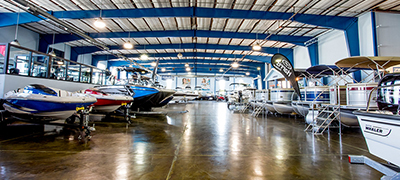 MarineMax showroom warehouse with multiple boats and multiple brands