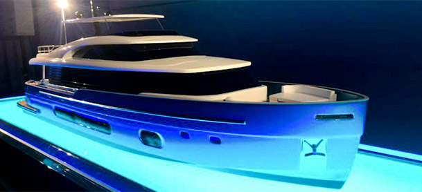 Model of the Azimut S10 with a blue light shining underneath