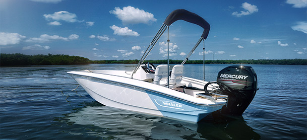 Boston Whaler 130 Super Sport with two tone hull sitting on calm water