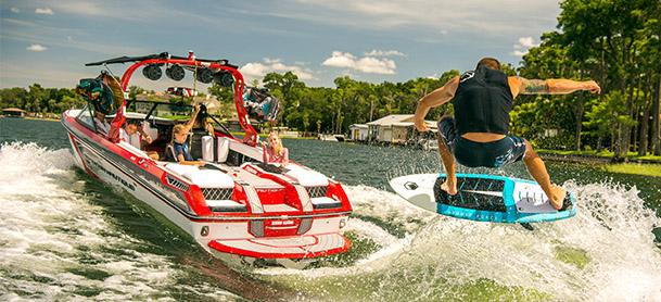 wakeboarder behind a boat
