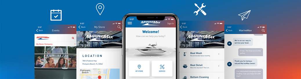 The MarineMax app on five iPhone screens