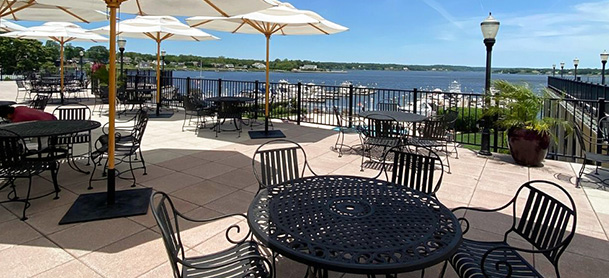 Restaurant outdoor patio with view of the water