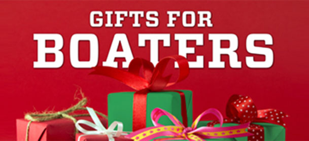 Gifts for boaters text with red background and gift boxes with bows