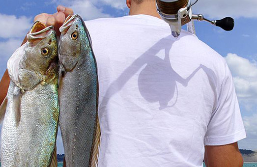 back of man holding fishing rod and two caught fish over his back