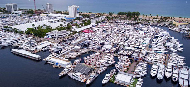 Aerial view of the Fort Lauderdale International Boat Show with boats as far as you can see. 