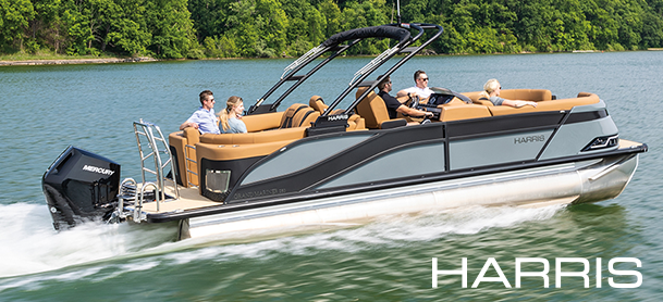 Boaters on a Harris pontoon fitted with a Mercury outboard engine