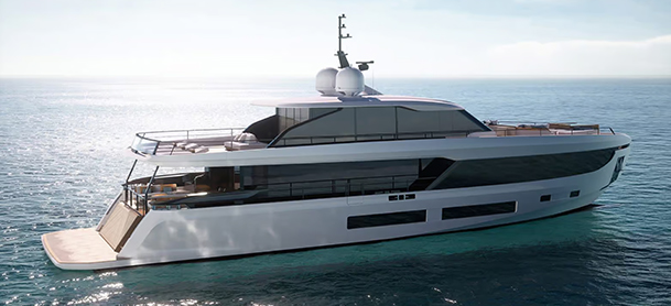 Azimut Grande 30M render on clear blue water, viewed from the side.