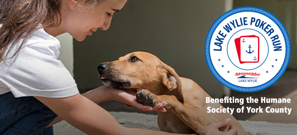 A woman gently holds a tan dog, both gazing at each other lovingly. The image features text for the "Lake Wylie Poker Run" benefiting the Humane Society of York County.