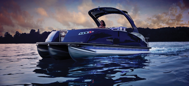 View of a powerful pontoon boat at night