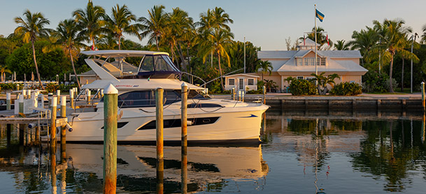 An Aquila power catamaran docked in the Bahamas