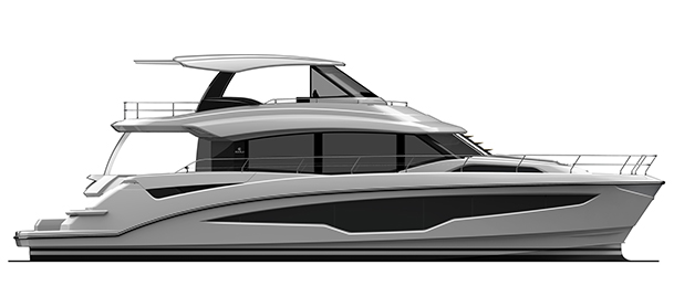 A profile view of a rendering of the Aquila 70 power catamaran in black and white on a white background