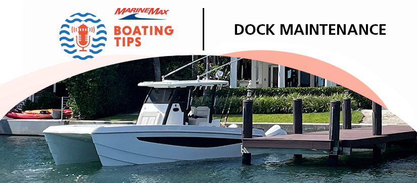 Boat at a private dock with the Boating Tips Logo