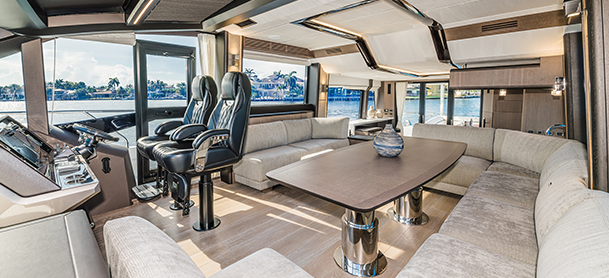The helm and interior of a Galeon 680 Fly