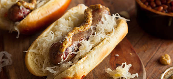 Hot dog with sauerkraut and mustard