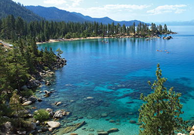 very clear blue turquoise lake with pine trees and mountain in the background