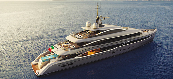 A rendering of a Benetti yacht in open water with the sun shining