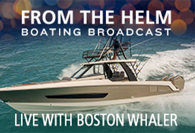 Boston Whaler boat with From the Helm logo