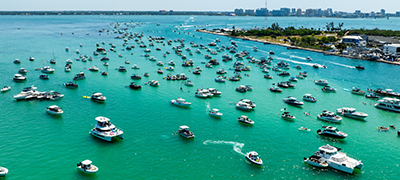 A fleet of boats on emerald blue waters