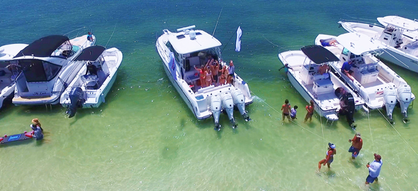 A group of boats sit anchored on the shore