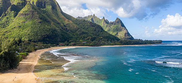 overhead view of a beach in Kaui, Hawaii