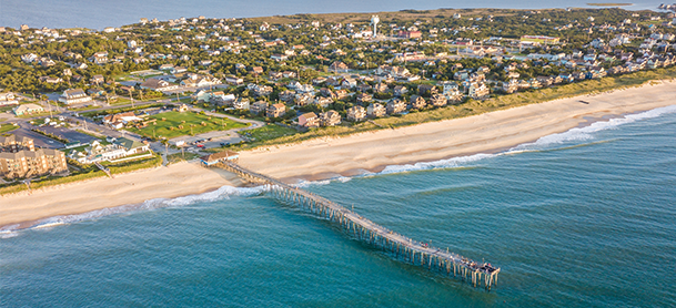 overhead long shot of a pier at Outer Banks, NC