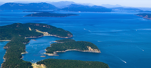 overhead view of the clear blue waters at San Juan Islands, WA