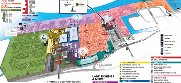 a boat show map with various brands listed
