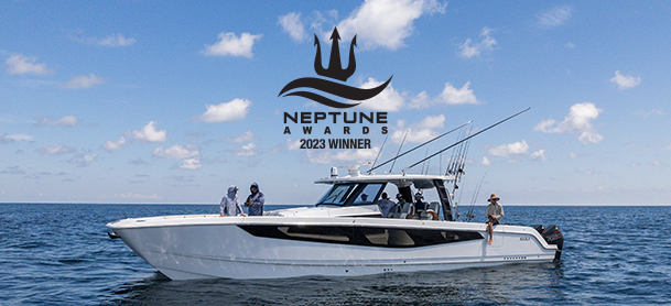 Aquila 47 Molokai in the water with Neptune Awards logo