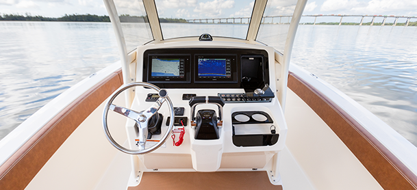 Cockpit view of a center console boat
