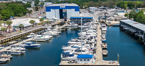 An overview of the marina of MarineMax Pensacola. 