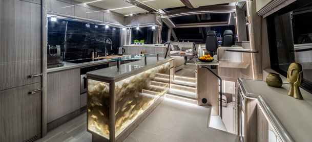 interior of yacht kitchen and helm