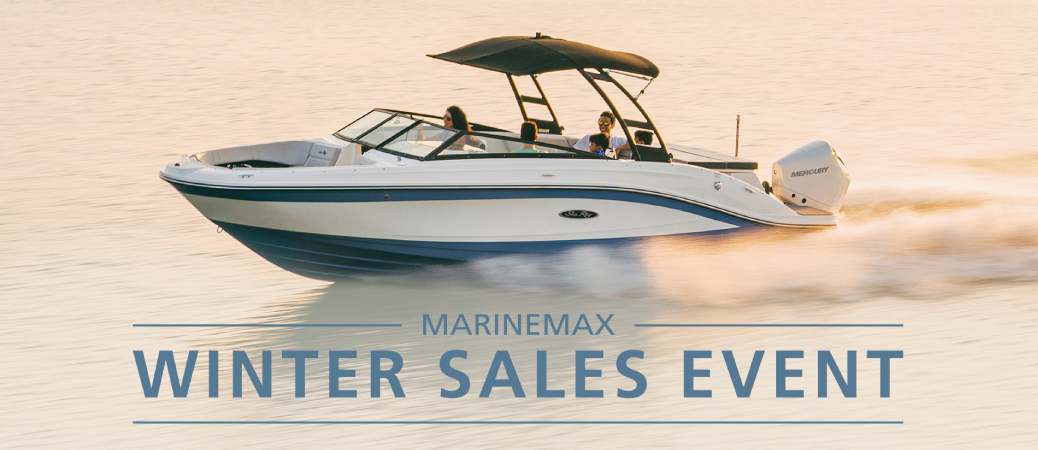 Boat running out on the water during a Winter Sales Event at MarineMax