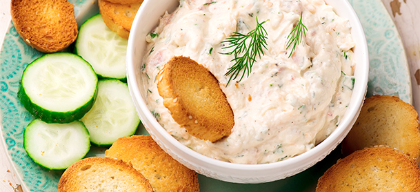 dip with bread and cucumbers