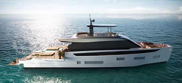 Seadeck 9 on tranquil sea, with sleek white design, spacious deck and modern amenities.
