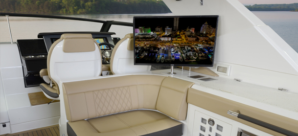 Sea Ray SLX 400 Outboard interior with couch and TV