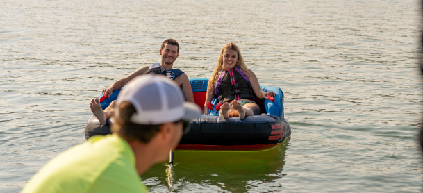 A couple on a paddle boat