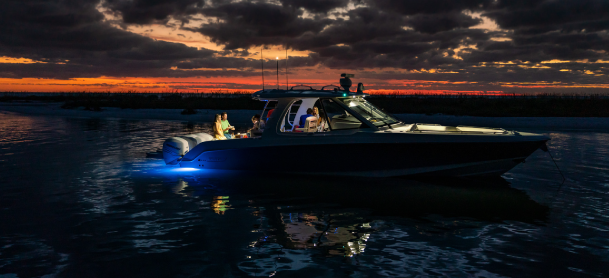 Boston Whaler Real 380 out on the water at night
