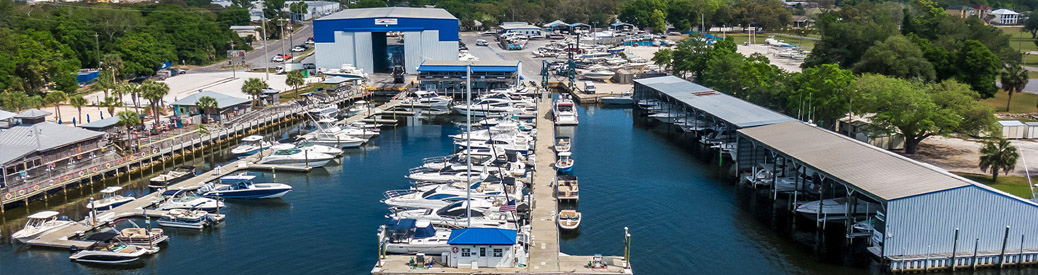 MarineMax store and dock with many boats visible