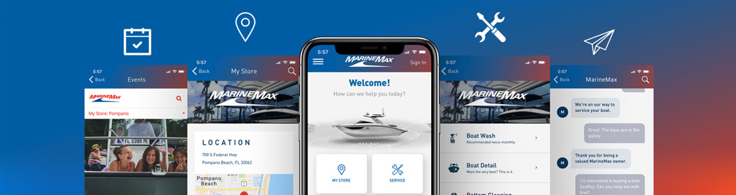 Five screen examples of the MarineMax App
