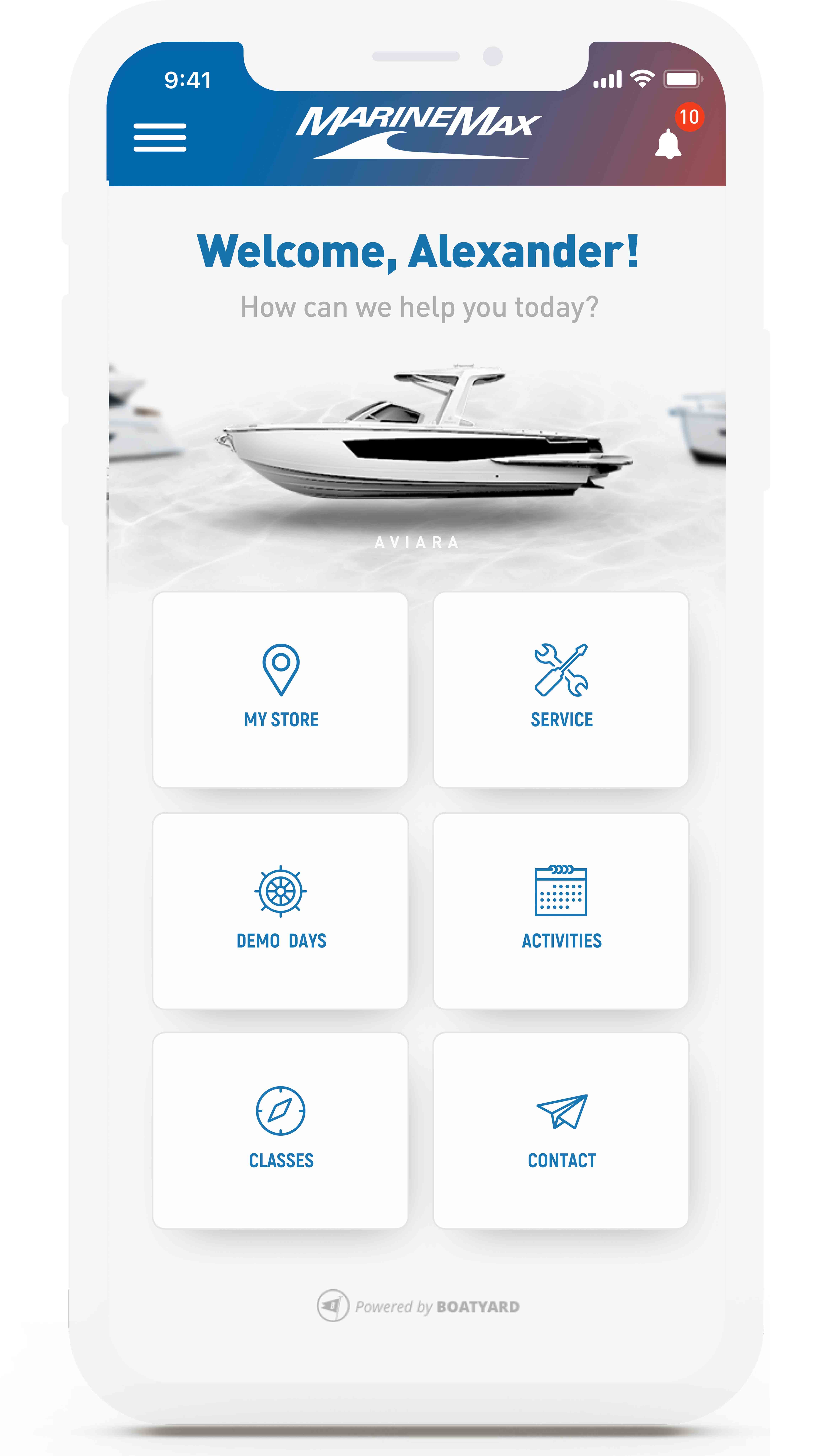 The MarineMax app home screen on a smartphone